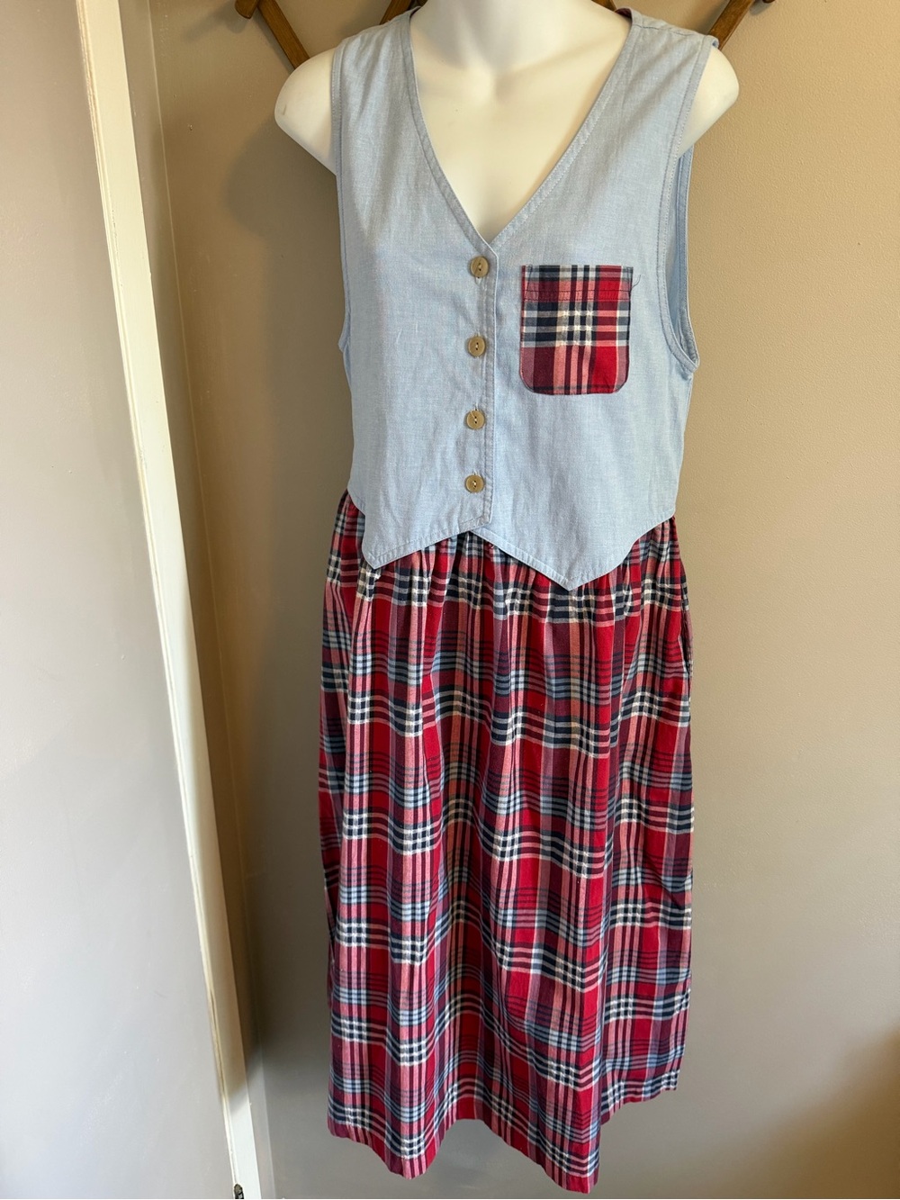 Jantzen Classics Country Western Teacher Modest Plaid Midi Dress Red Blue S/M